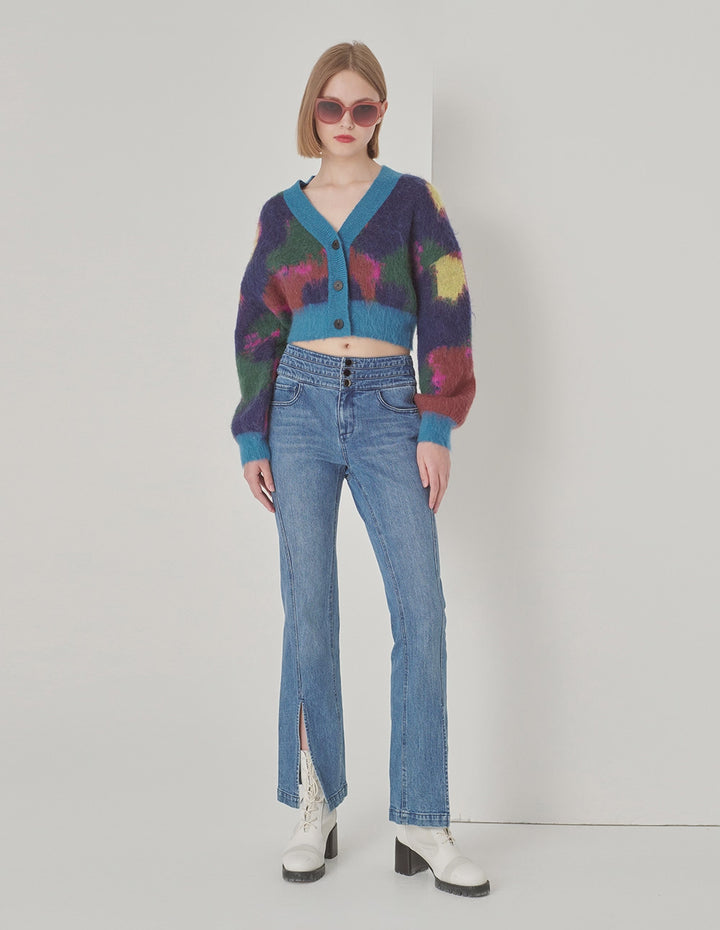 MARYLING Blue Graffiti Mixed Color Knitted Cardigan