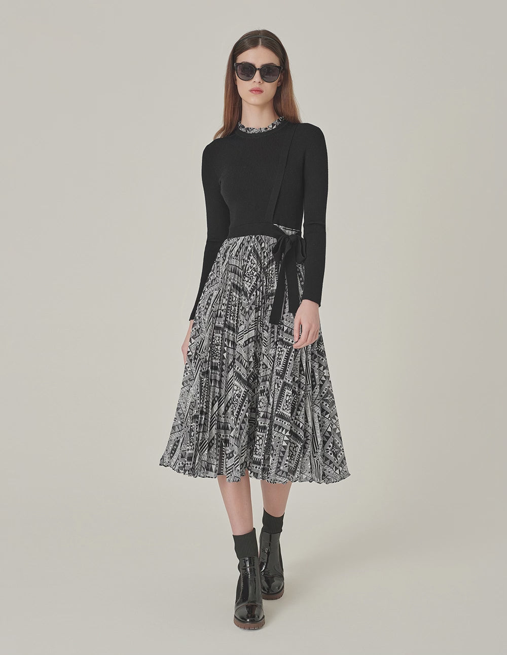 MARYLING Ruffle Collar Long-Sleeve Printed Patchwork Knitted Midi Dress