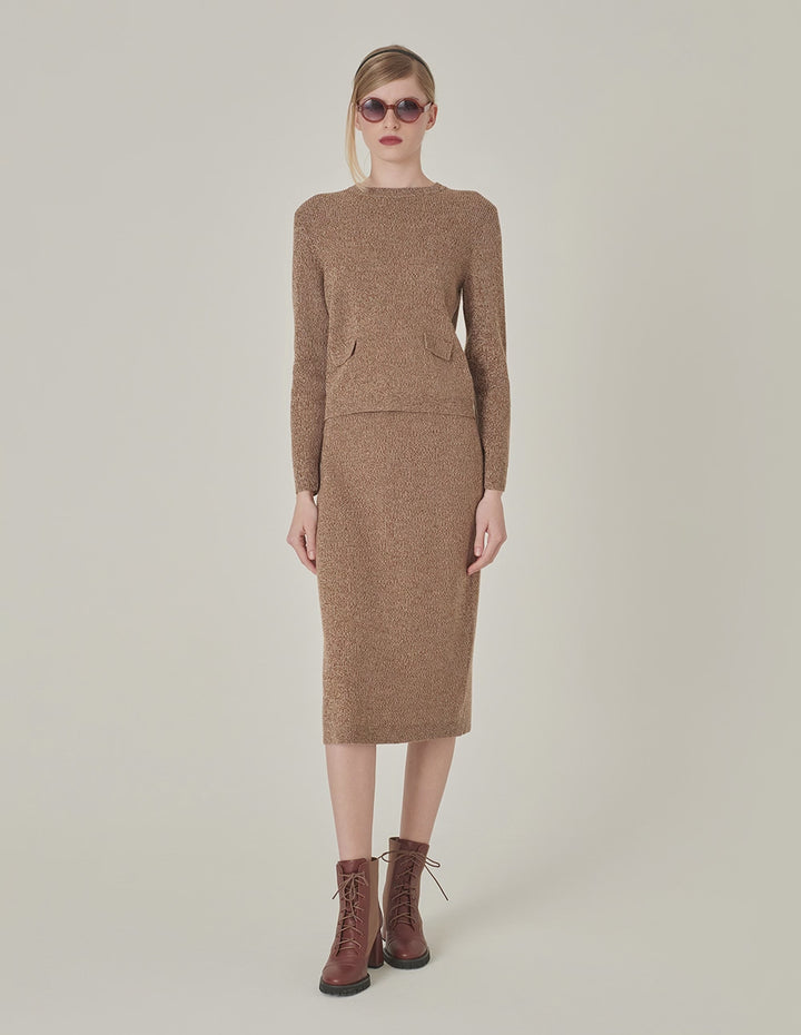 MARYLING Straight Knee-Length Apricot Mixed Yarn Skirt