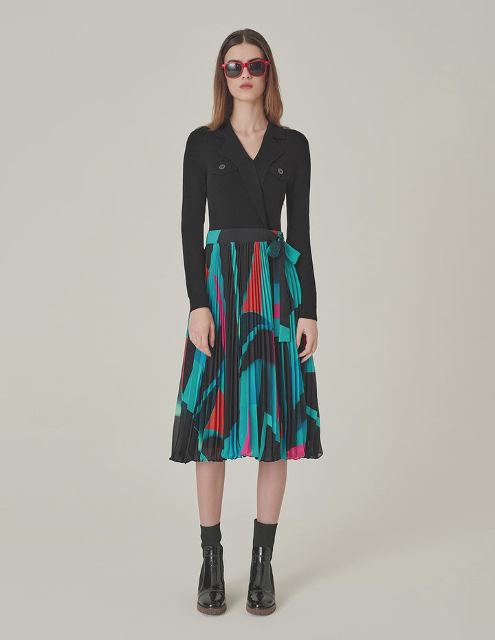 MARYLING Lapel Knitted Patchwork Printed Pleated Midi Dress