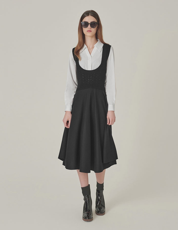 MARYLING Black & White Patchwork Midi Pleated Shirt Dress