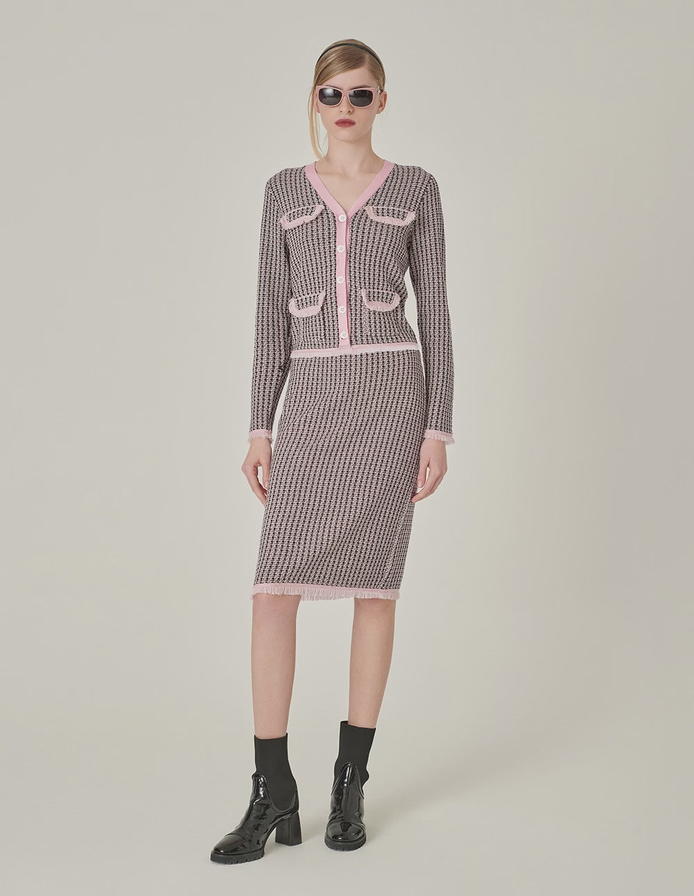MARYLING Houndstooth Straight-Leg Knee-Length Wool Knitted Skirt