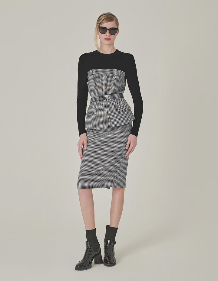 MARYLING Houndstooth Patchwork Knitted Top With Belt