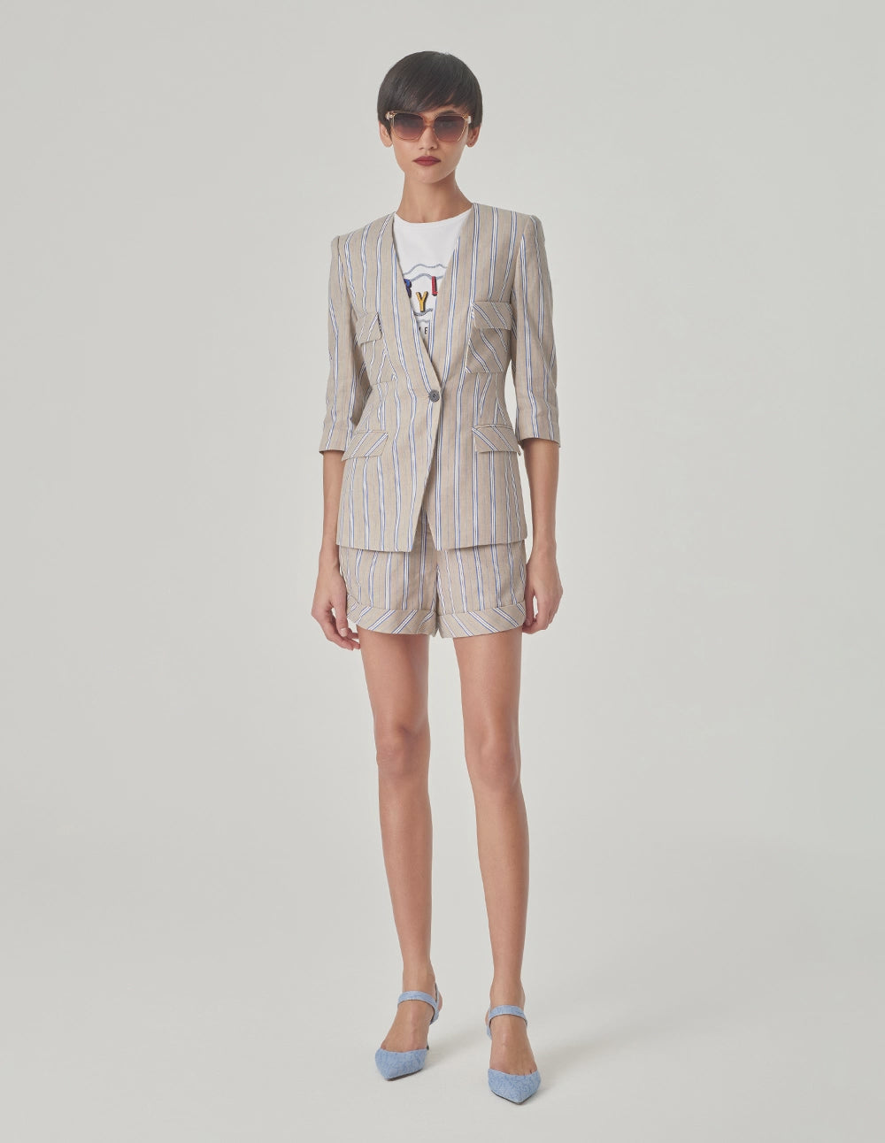 MARYLING Striped Collarless Mid-Length Sleeve Blazer