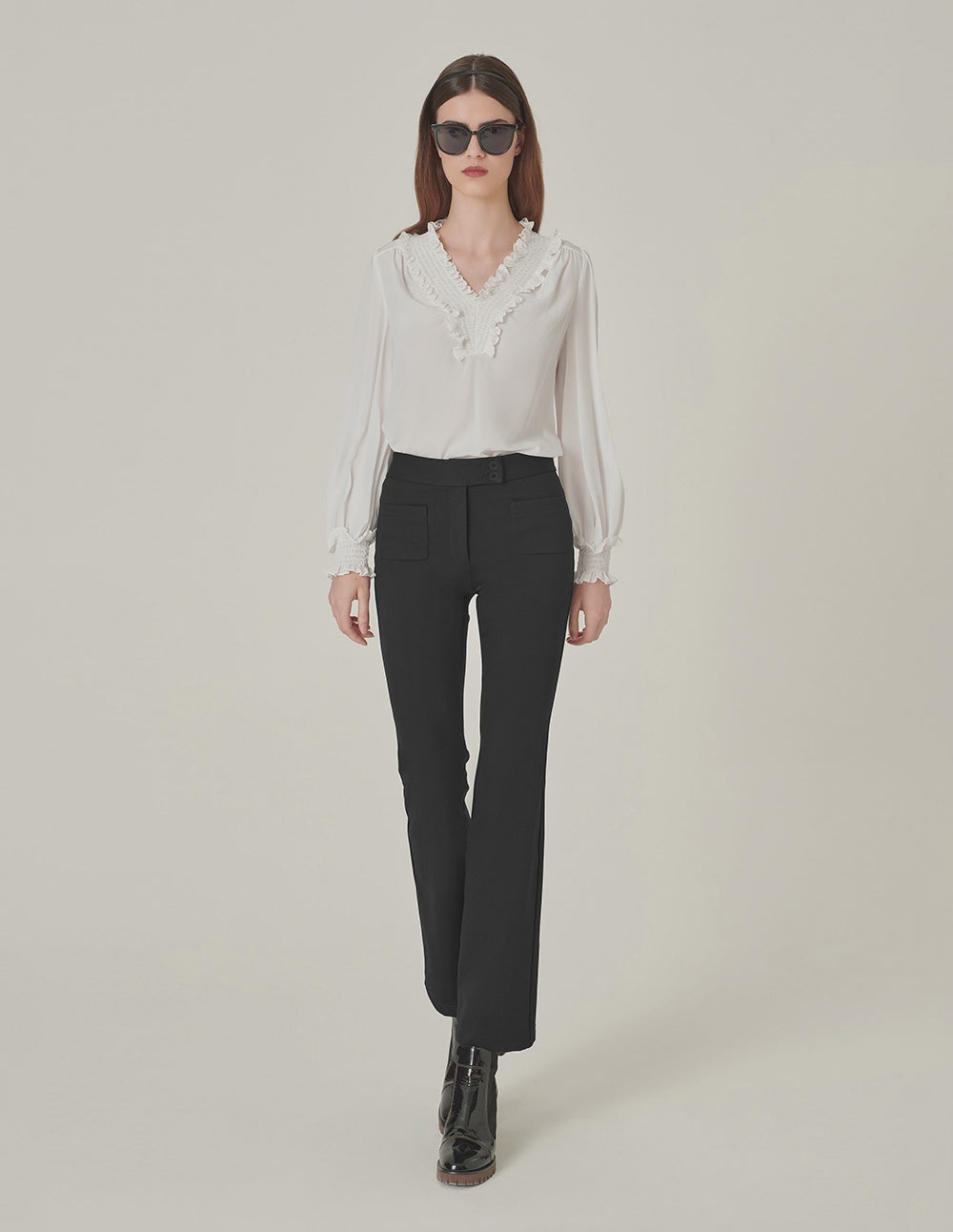 MARYLING V-Neck Ruffle Long-Sleeve Silk Top