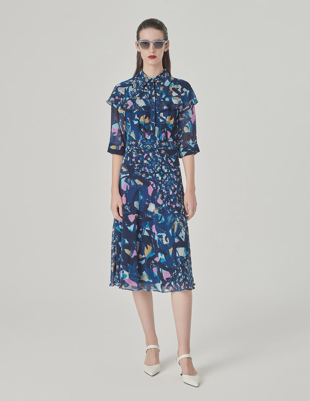 MARYLING Shirt Collar Printed Short Sleeves Midi Shirt Dress