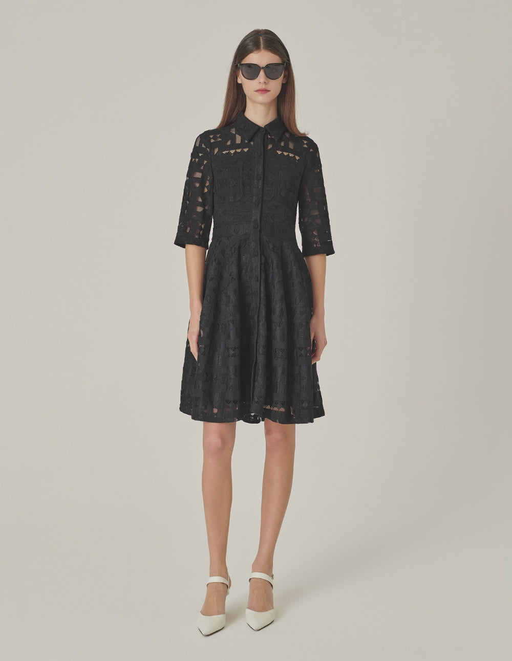 MARYLING Shirt Collar Half-Sleeve Black Lace Dress