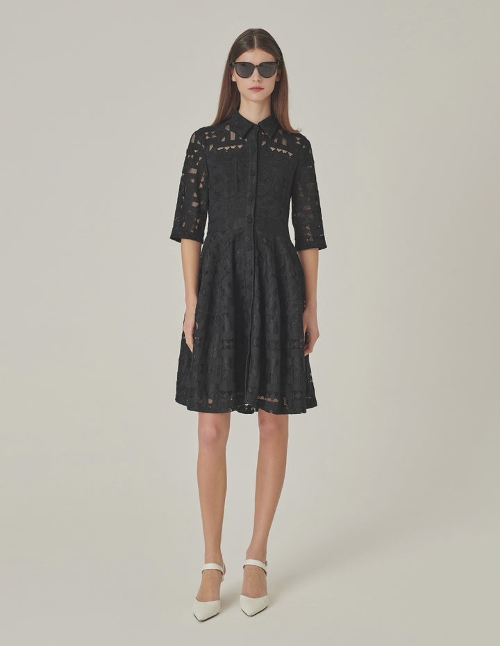 MARYLING Shirt Collar Half-Sleeve Black Lace Dress