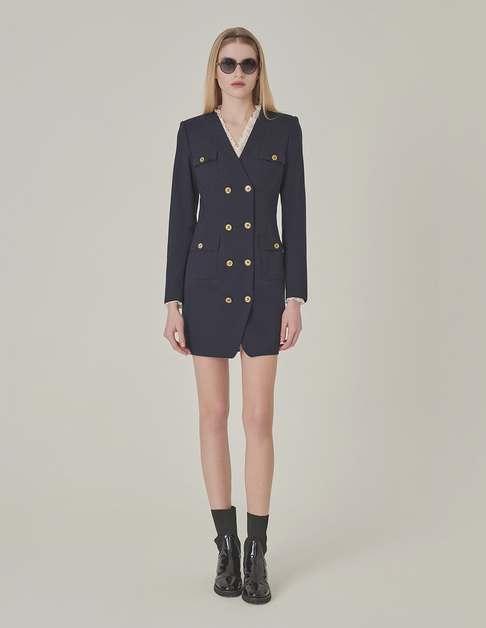 MARYLING Dark Blue V-Neck Long-Sleeve Double-Breasted Shift Mini Dress