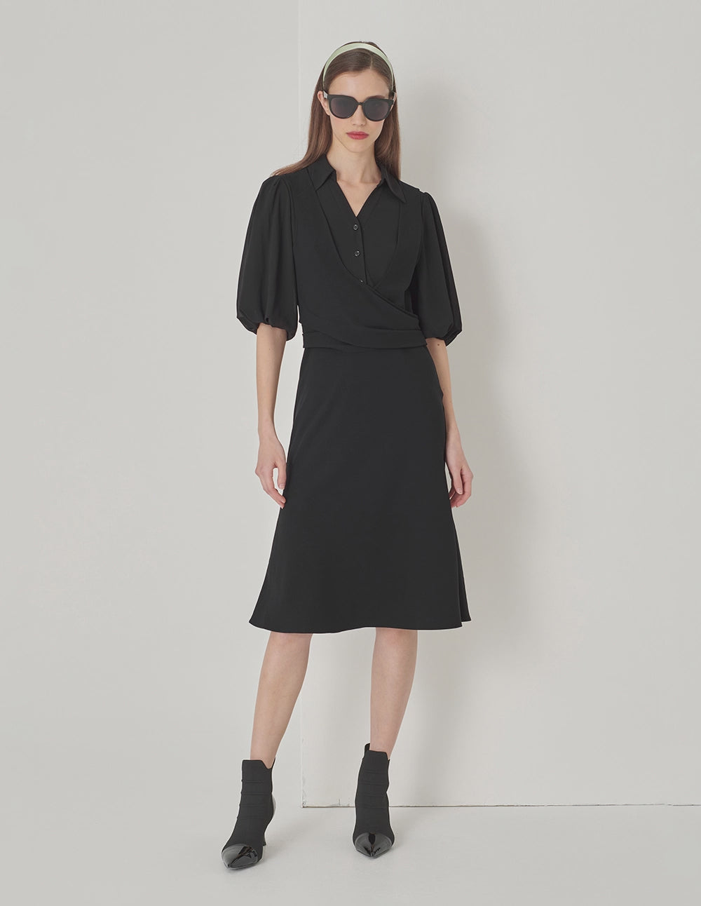MARYLING Black Fake Two-Piece Shirt V-Neck Puff Sleeve Dress