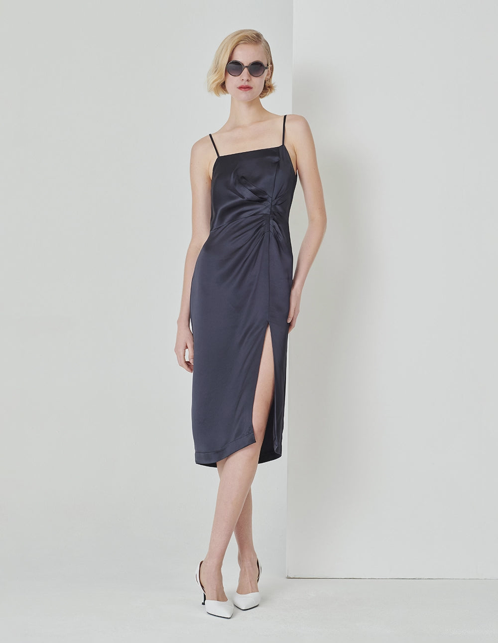 MARYLING Dark Blue Pleated Slit Straight Slip Dress
