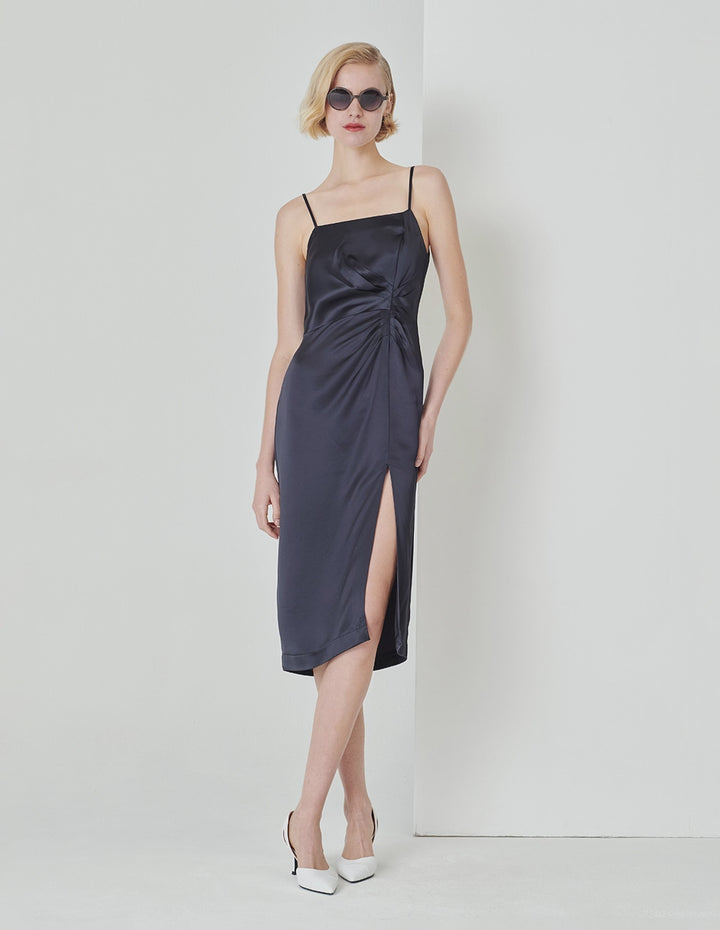 MARYLING Dark Blue Pleated Slit Straight Slip Dress