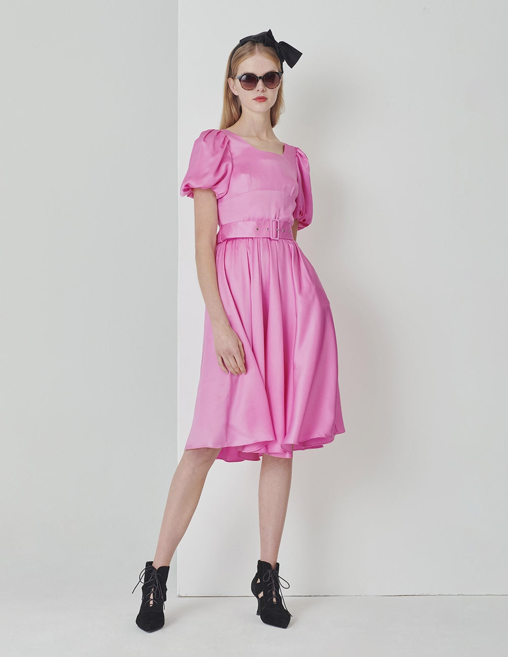 MARYLING Peach Pink Square Neck Bubble Sleeve Belted Dress