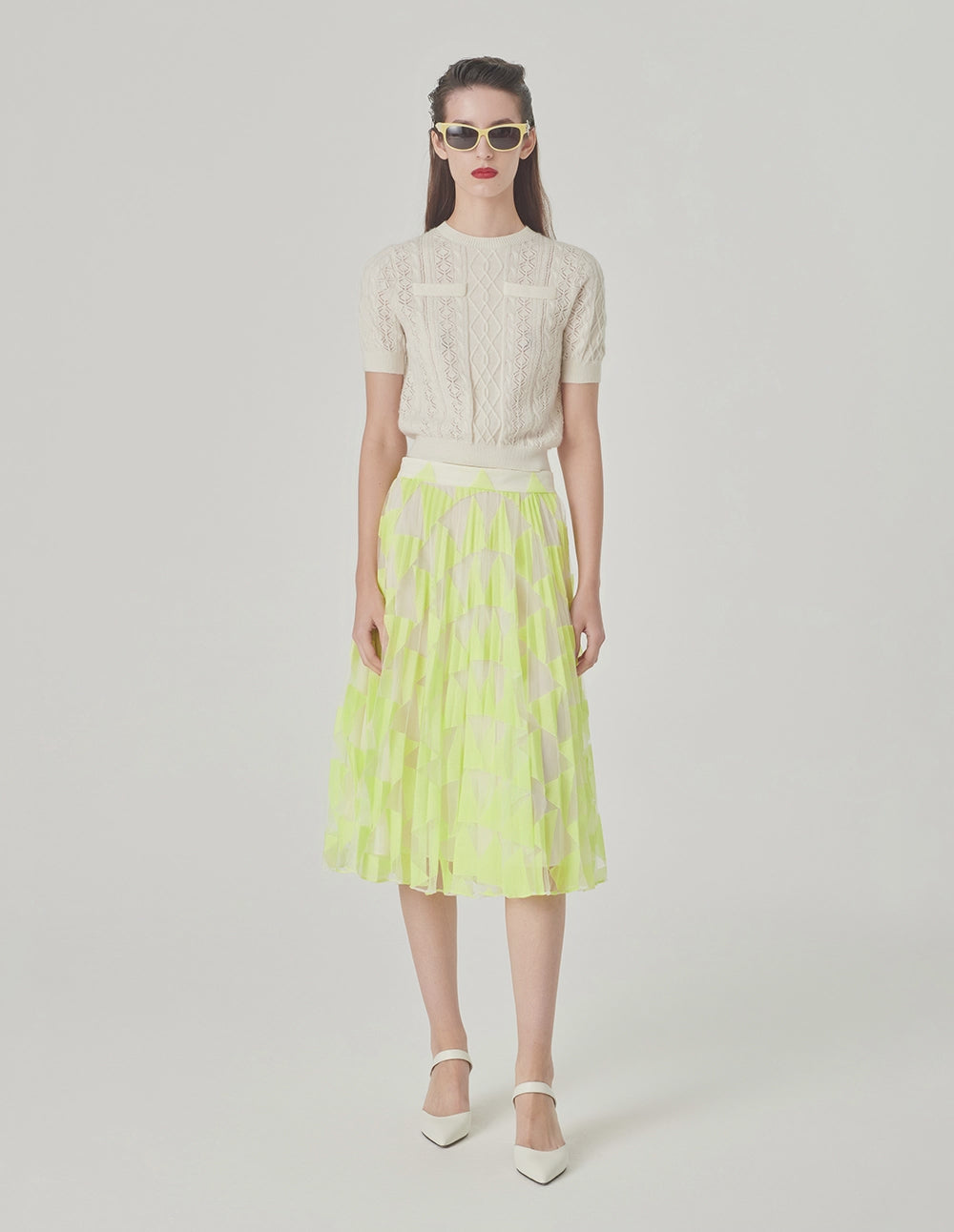MARYLING Bright Yellow Lace Pleated Skirt
