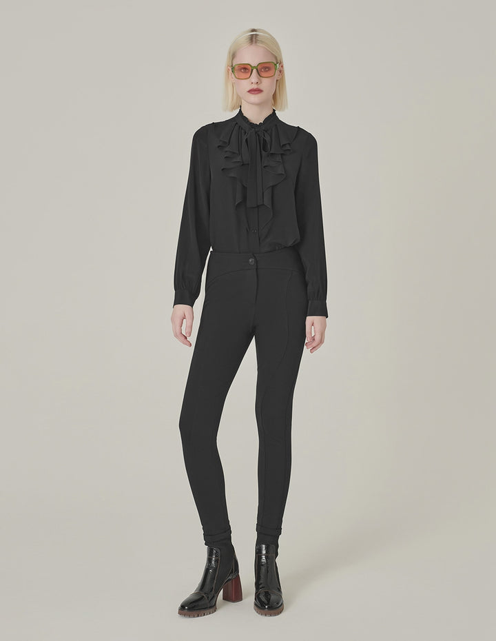 MARYLING Black Ruffled Long-Sleeved Silk Blouse