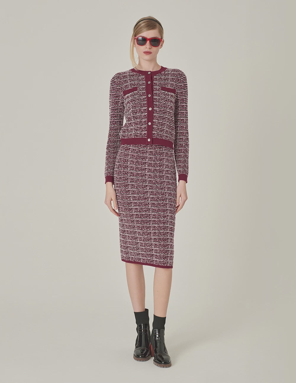 MARYLING Red & Black Plaid Imitation Tweed Knitted Knee-Length Straight Skirt