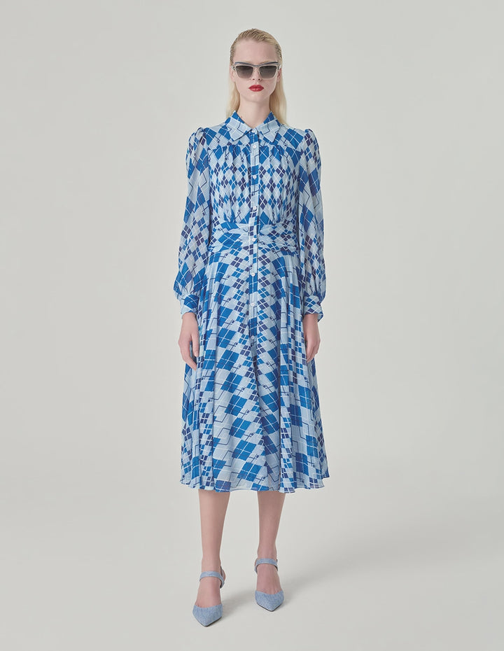 MARYLING Blue And White Plaid Shirt Collar A-Hem Dress