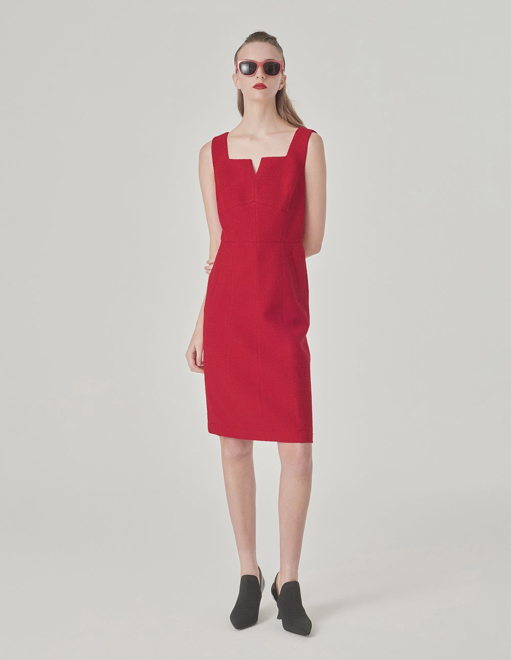 MARYLING Red Square V-Neck Tweed Vest Dress