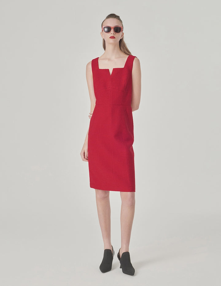MARYLING Red Square V-Neck Tweed Vest Dress