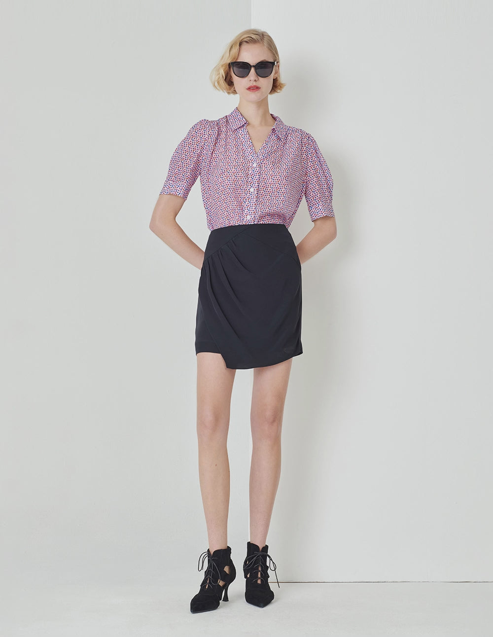 MARYLING Dark Blue Pleated Asymmetric Skirt