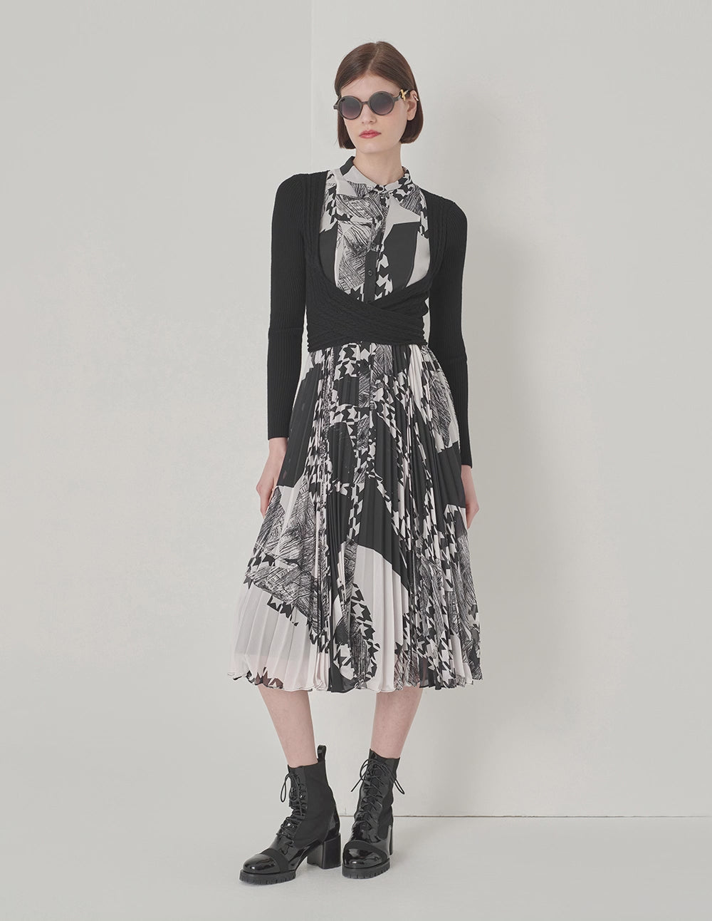 MARYLING Black And White Collage Print Shirt Dress
