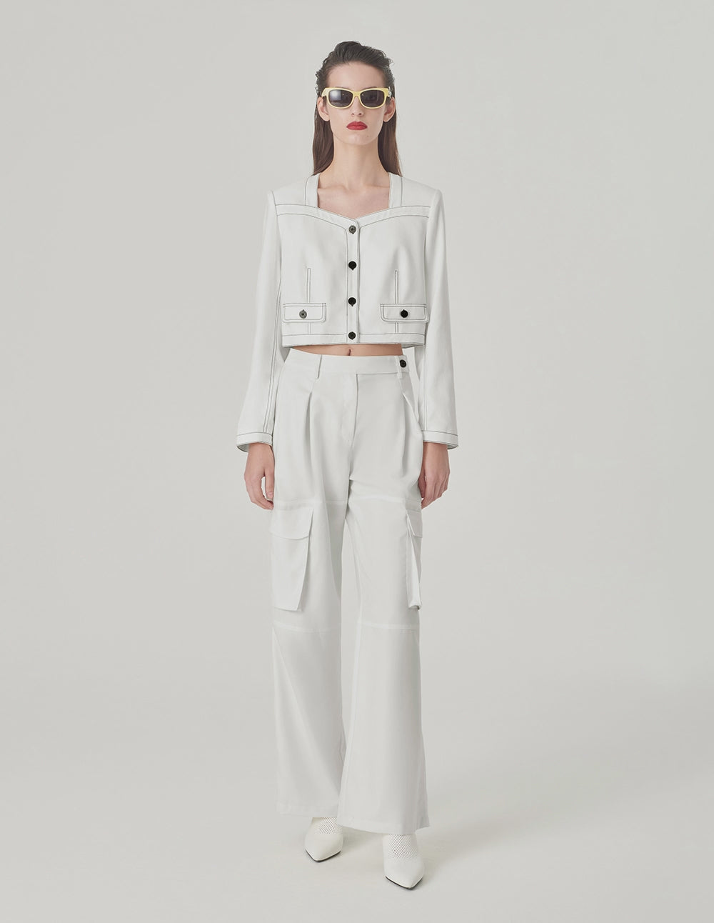MARYLING White Contrast Topstitched Short Jacket