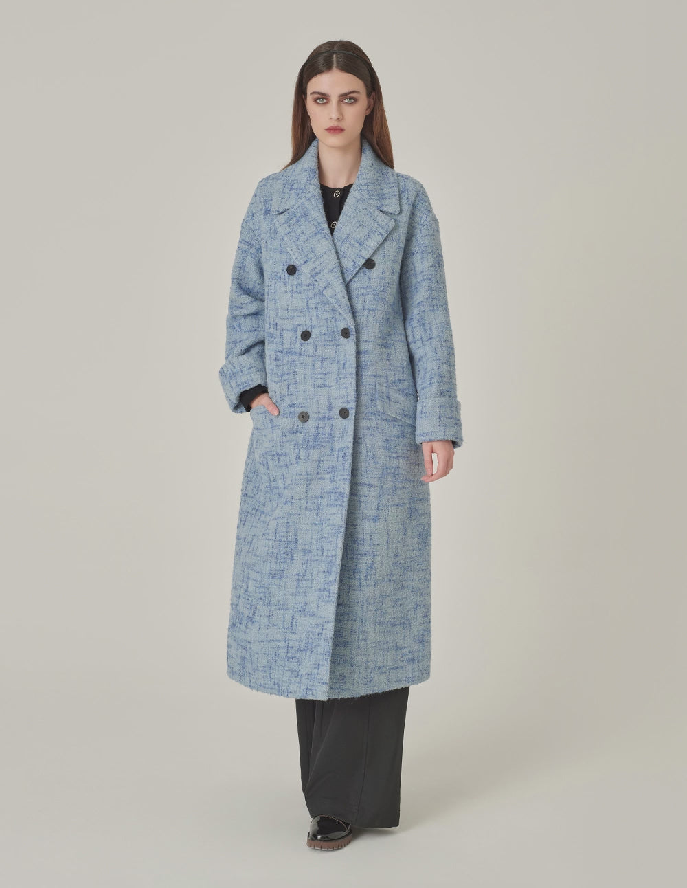 MARYLING Blue Loose Double-Breasted Long Tweed Wool Coat