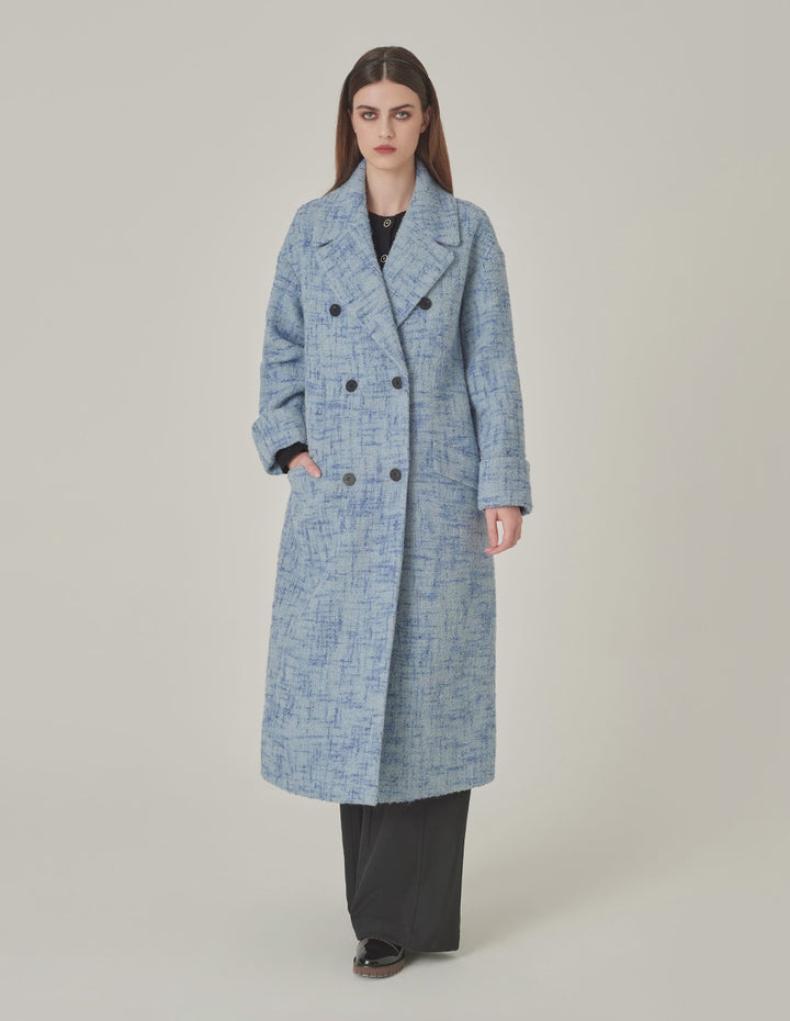 MARYLING Blue Loose Double-Breasted Long Tweed Wool Coat