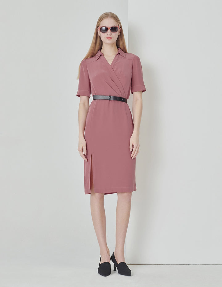 MARYLING Shirt Collar Pleated Straight Slit Dress