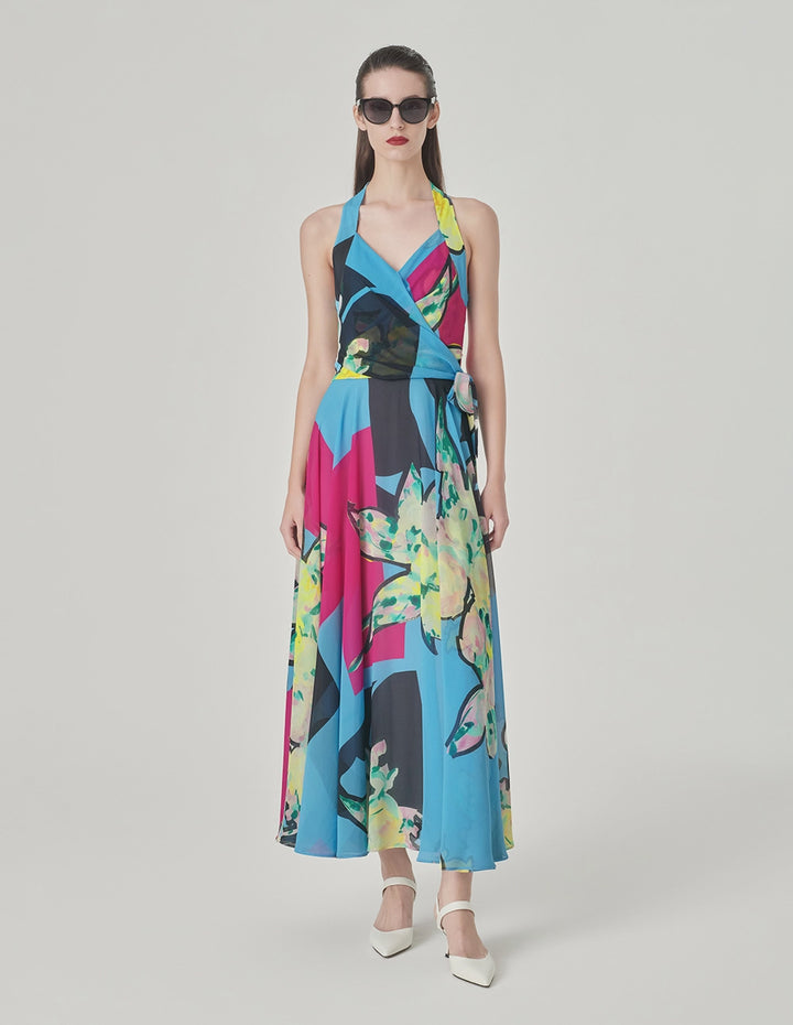 MARYLING Halter Neck Design Full Swing Georgette Print Dress