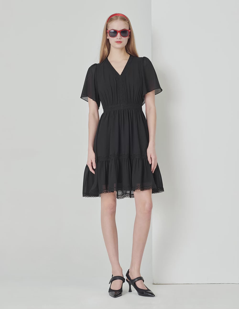 MARYLING Black V-Neck Bell Sleeve Lace Trim Georgette Dress