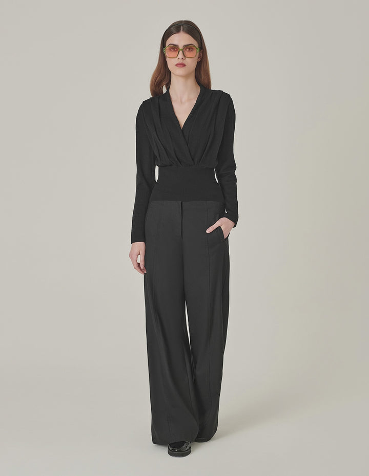 MARYLING Black V-Neck Hem Waisted Thin Knitted Pullover