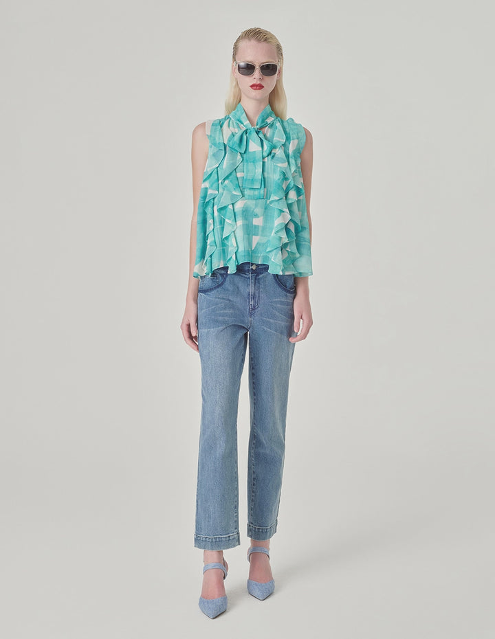 MARYLING Sleeveless Strappy Ruffled Printed Top