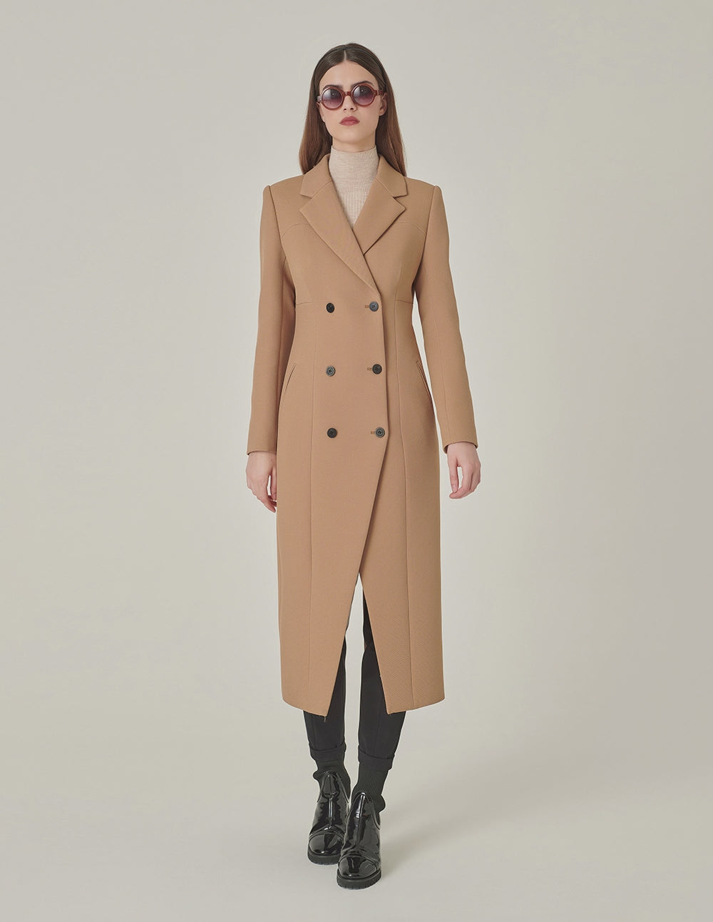 MARYLING Camel Peaked Lapel Double-Breasted Long Coat
