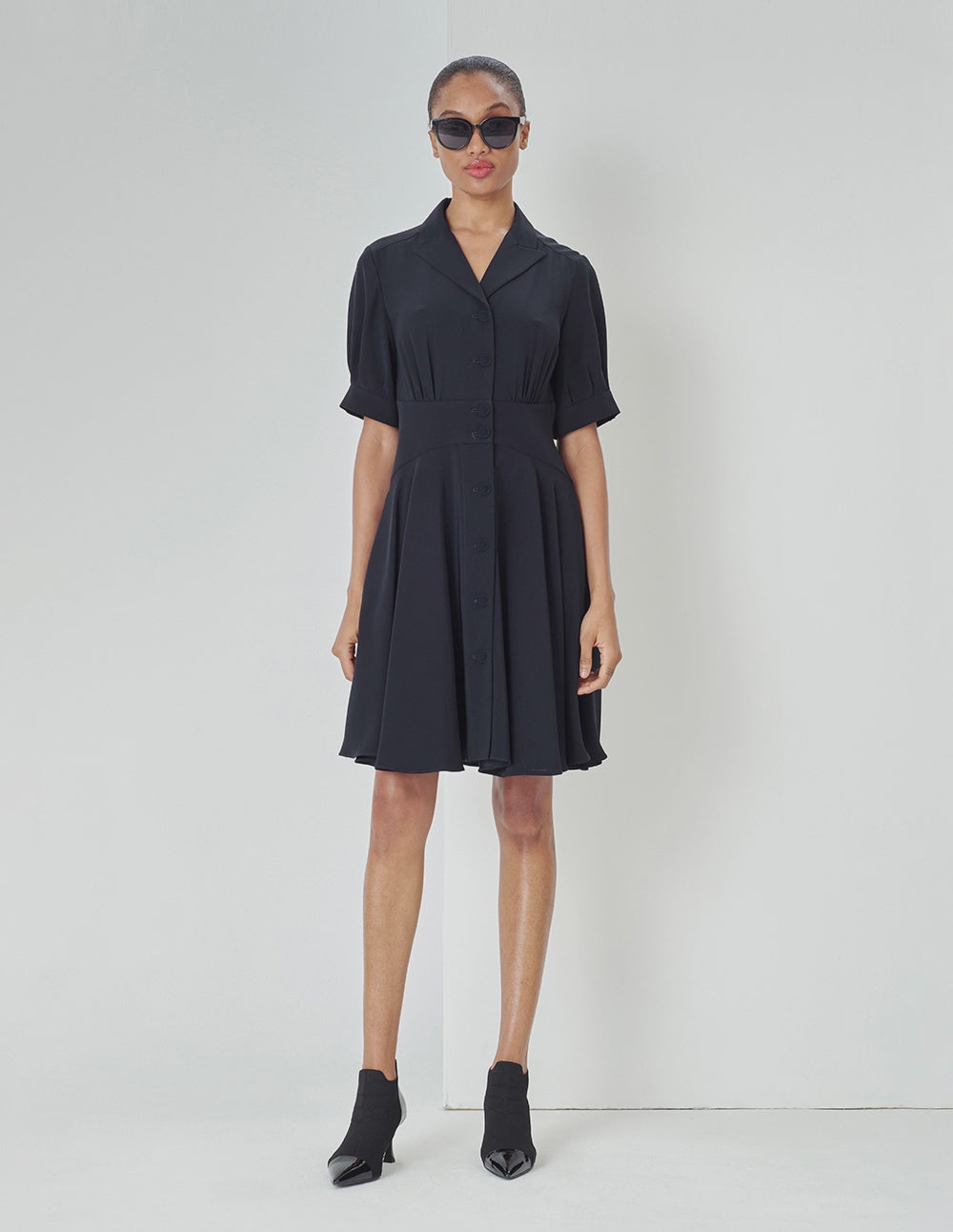 MARYLING Navy Pleated Dress With Blazer Collar