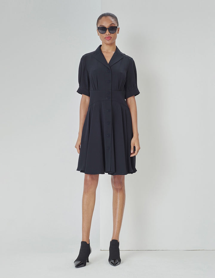 MARYLING Navy Pleated Dress With Blazer Collar