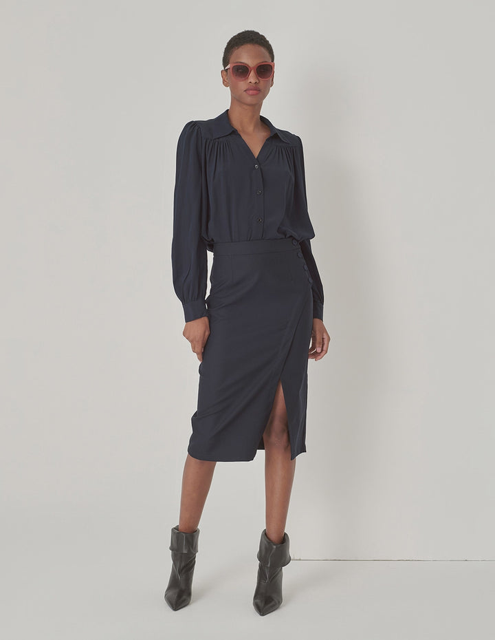 MARYLING Dark Blue V Shirt Neck Silk Shirt