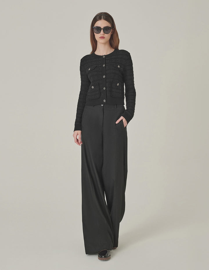 MARYLING Black Round Neck Dark Texture Cropped Knitted Cardigan