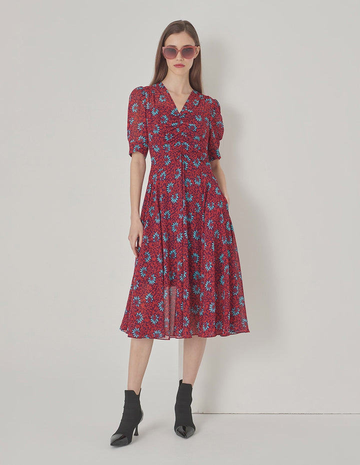 MARYLING Red Floral Printed V-Neck Pleated Dress
