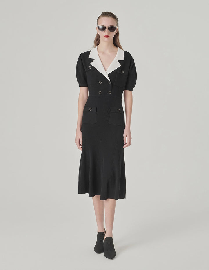 MARYLING Black And White Contrasting Lapel Short-Sleeved Knitted Dress
