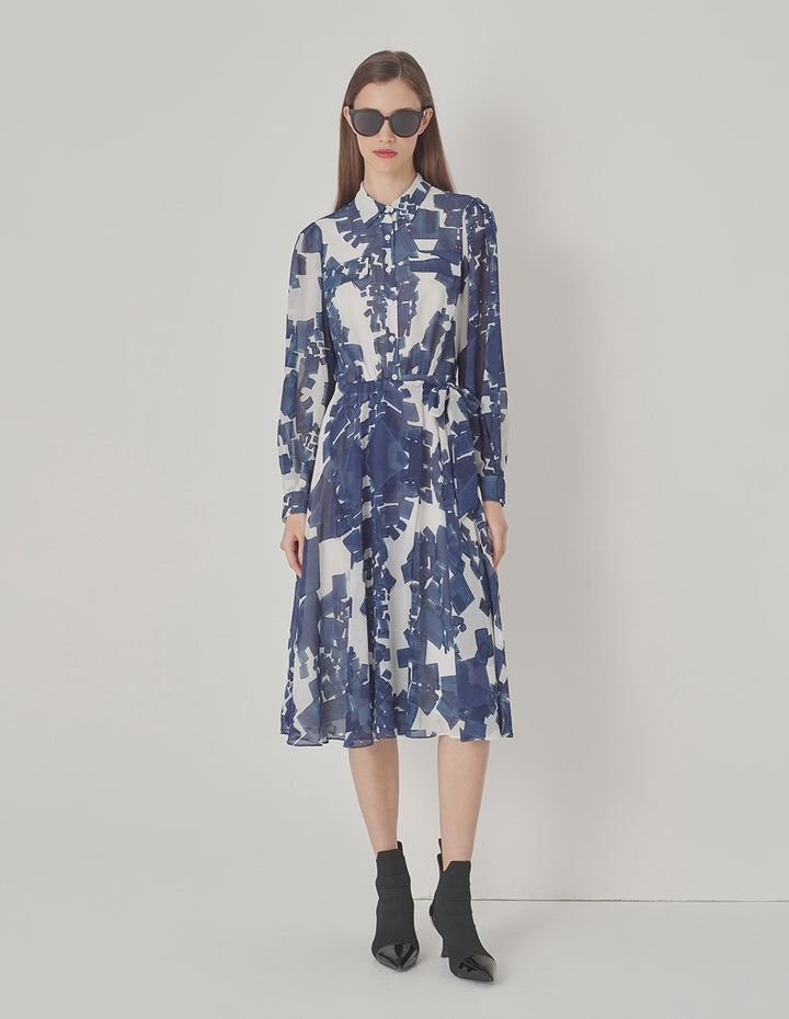 MARYLING Blue And White Grit Collar Blue Plaid Georgette Dress