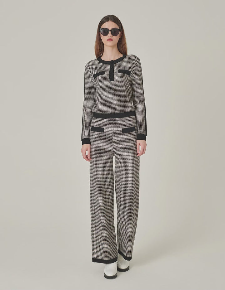 MARYLING Round-Neck Long Sleeve Black And White Houndstooth Knitted Pullover