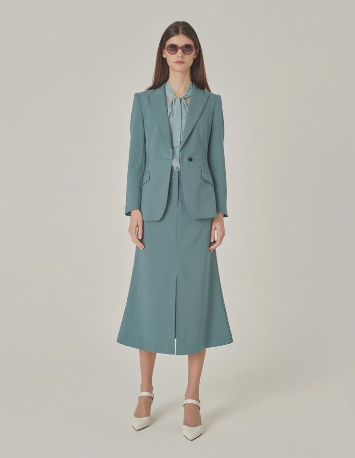 MARYLING Mist Blue Peaked Lapel Single-Breasted Waisted Blazer
