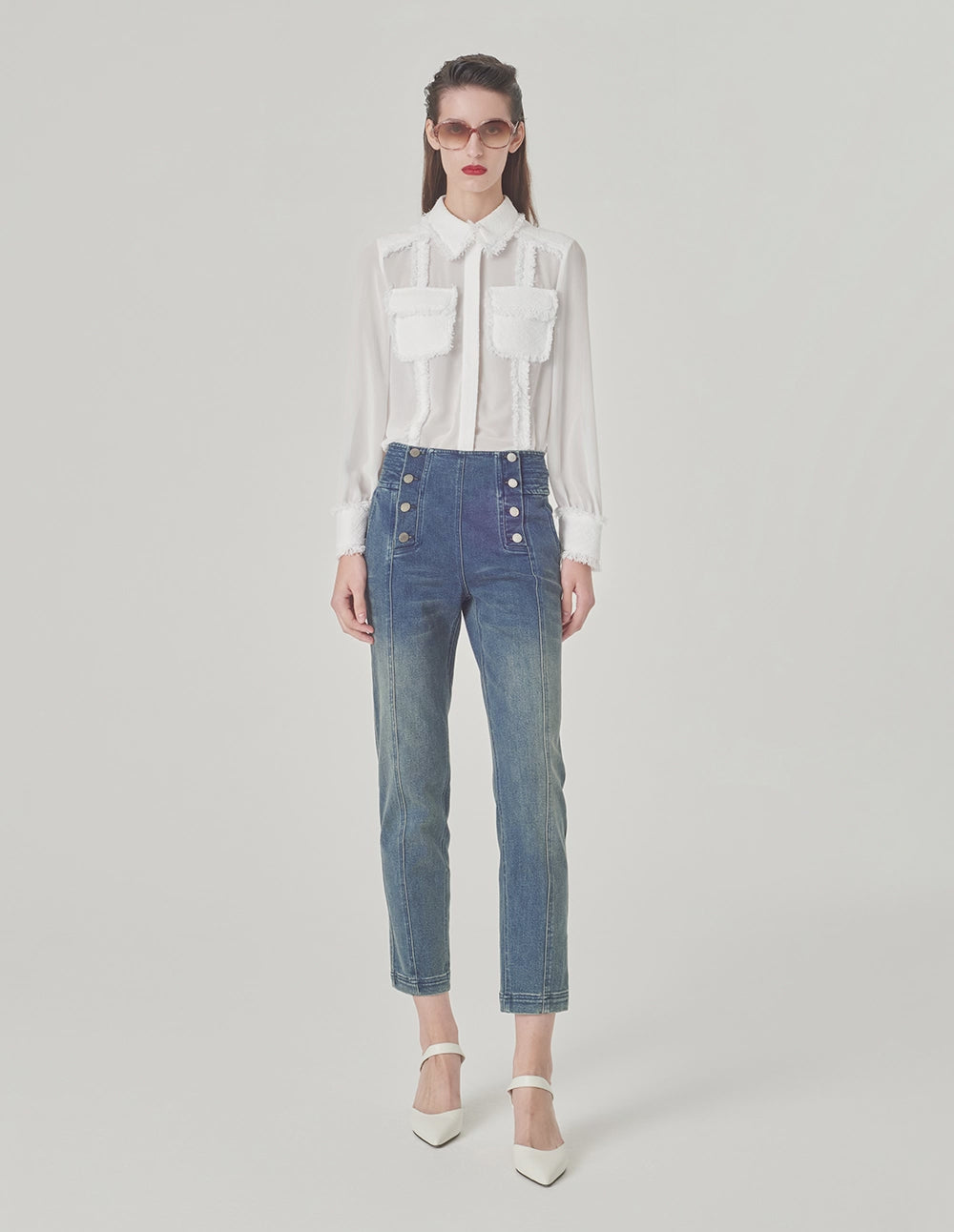 MARYLING White Frayed Edge Georgette Shirt Collar Blouse