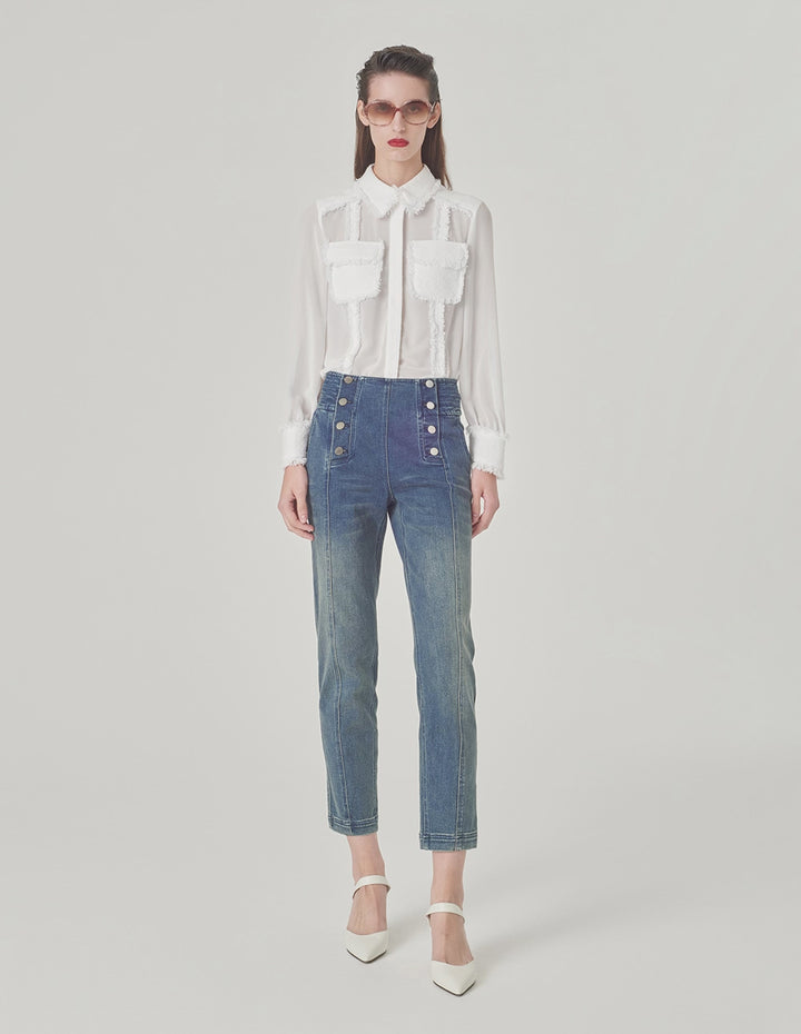 MARYLING White Frayed Edge Georgette Shirt Collar Blouse