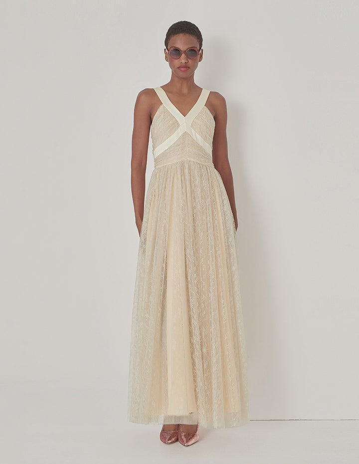 MARYLING Champagne V-Neck Lace Gown Dress