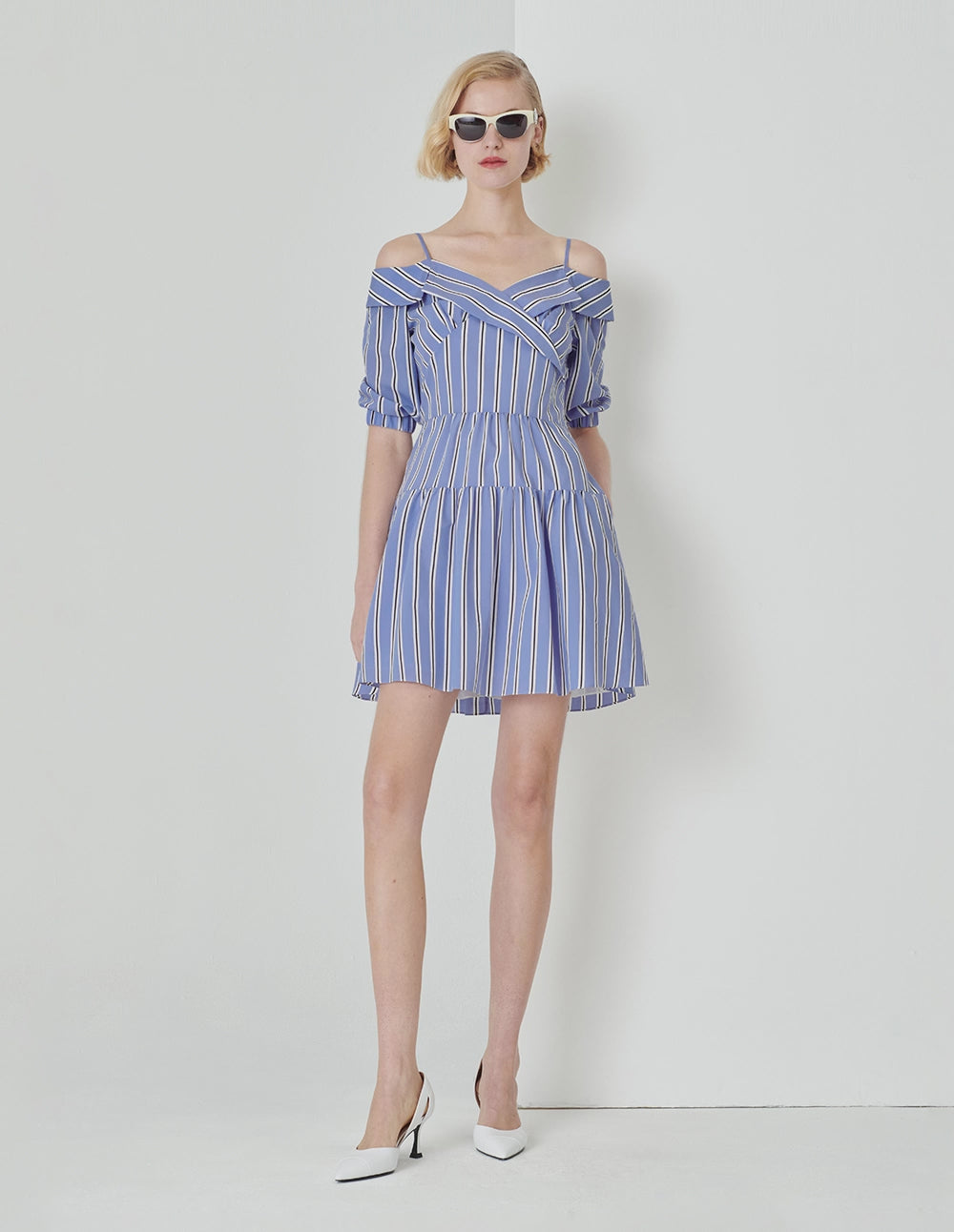 MARYLING Blue And White Striped Off-Shoulder Lapel Detail Striped Dress