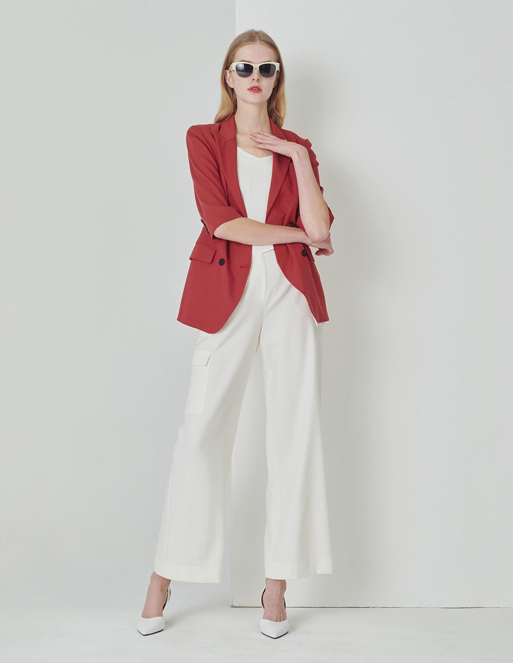 MARYLING Orange Double Breasted Blazer With V-Slit Hem