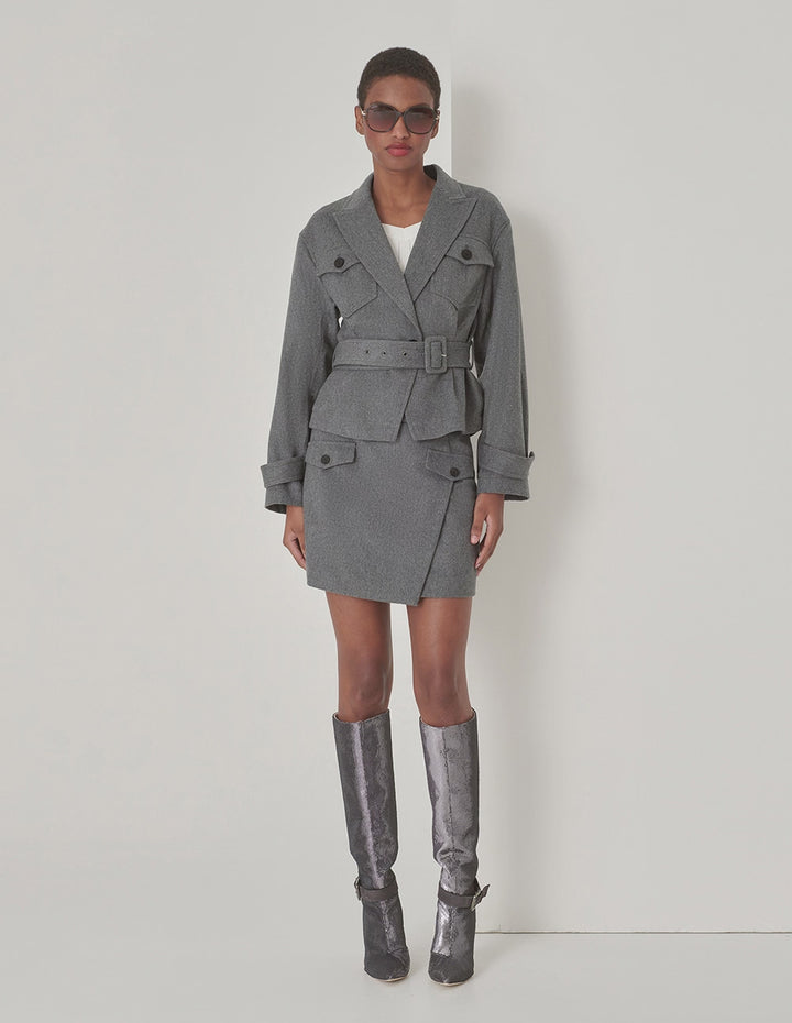 MARYLING Gray Lapel Collar Contrast Button Belted Jacket