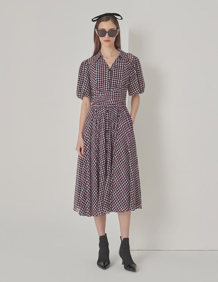 MARYLING Red Berry Plaid Shirt Collar Cross Tie Puff Sleeve Dress